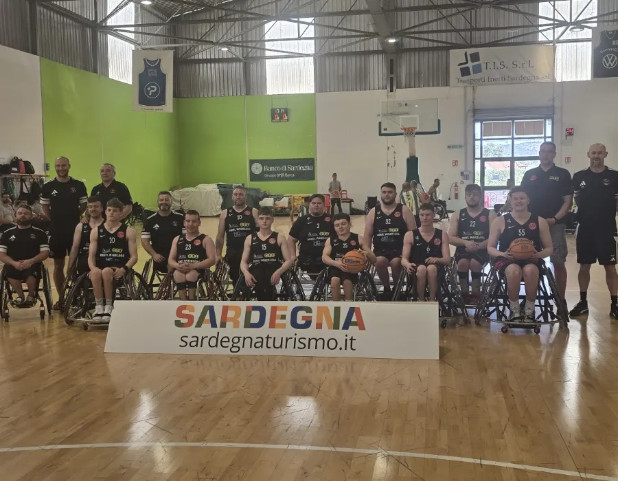 junior wheelchair basketball player group on court